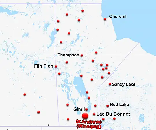 Map showing the location of St Andrews Airport in Manitoba
